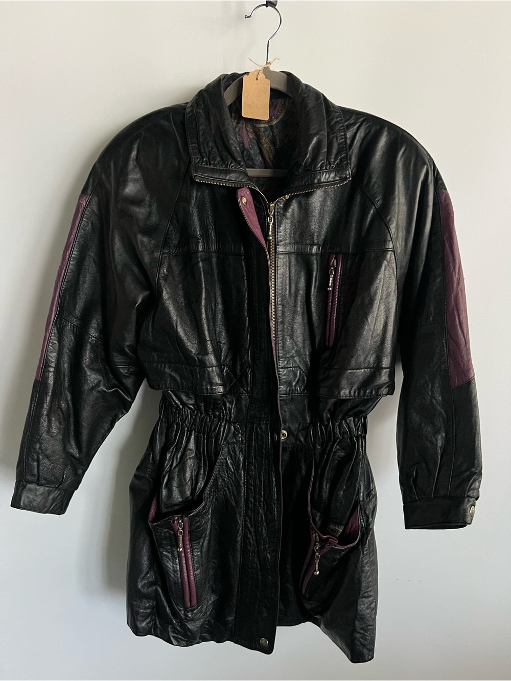 Vintage Black & Plum Leather Jacket with Unique Print Lining- Women's Coat